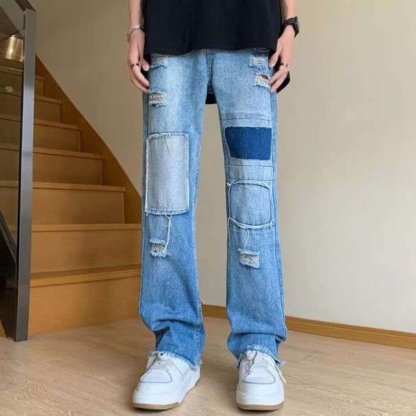 Men's Clothing Women's American Trendy Ripped Jeans Summer Loose Wide Leg Pants Color Block Floor Length Trousers Unique Style_mkmklike.com