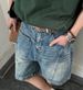 Unisex Summer Denim Shorts 2026 Retro American Patchwork Design Loose Fit Five Point mid Waist Blue with Pockets Machine Washable_mkmklike.com