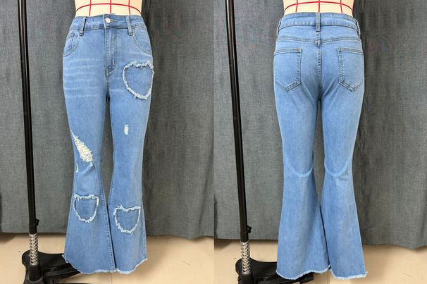 Women's Light And Dark Blue Denim Jeans, Versatile Flared Cut, Fashionable And Casual Heart Shape, Ripped Flared Jeans, Stretchy._mkmklike.com
