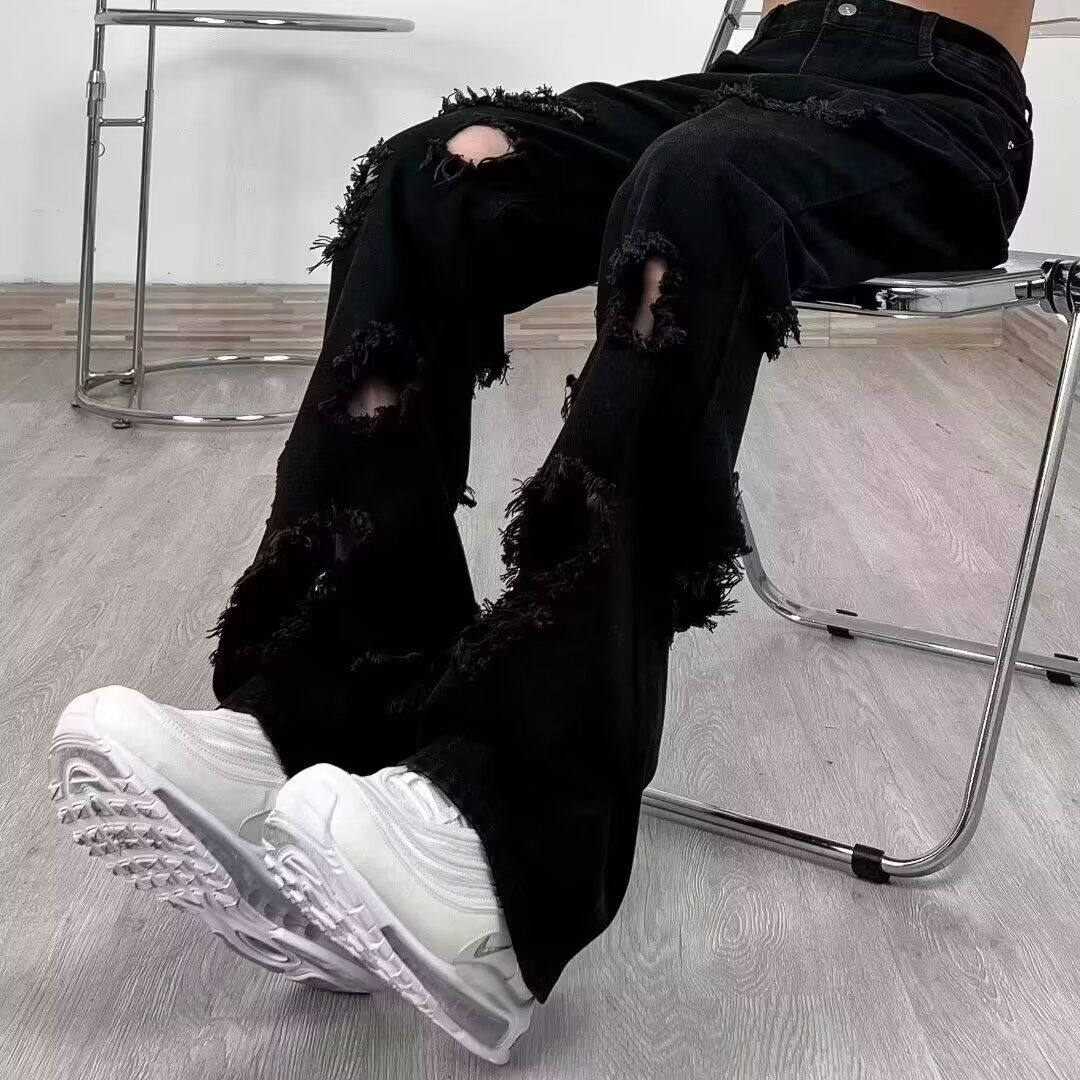 Men's Trendy High Street Style Retro Distressed Flared Black Jeans Slimming Loose Fit Straight Leg American Cross Border_mkmklike.com