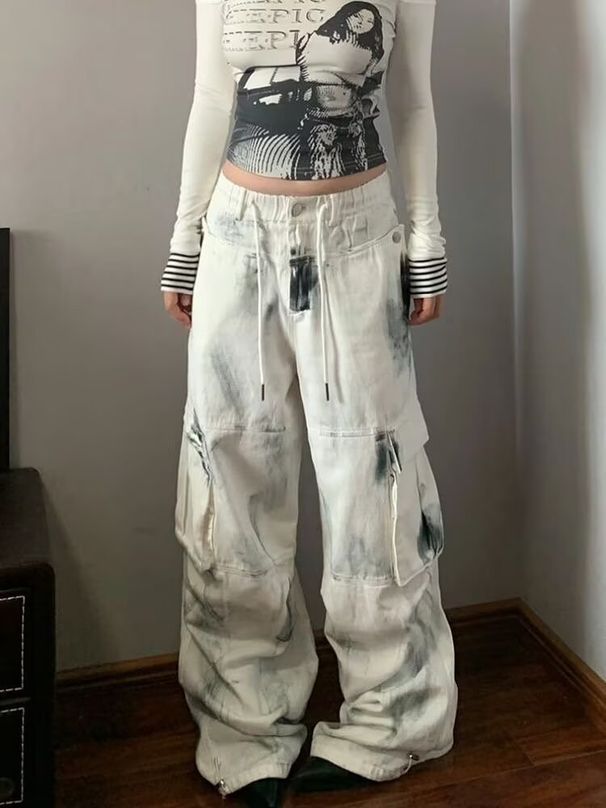 Vintage Y2K Aesthetic Oversized Tie-Dye Cargo Jeans For Men & Women - High Waist Wide Leg Streetwear Pants With Distressed Details (S-3XL)_mkmklike.com