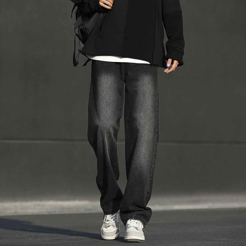 Men's Distressed Straight-Leg Jeans – Korean Streetwear Style, Relaxed Fit, Vintage Wash, Wide-Leg Casual Denim Pants (Fall, Urban Fashion)_mkmklike.com