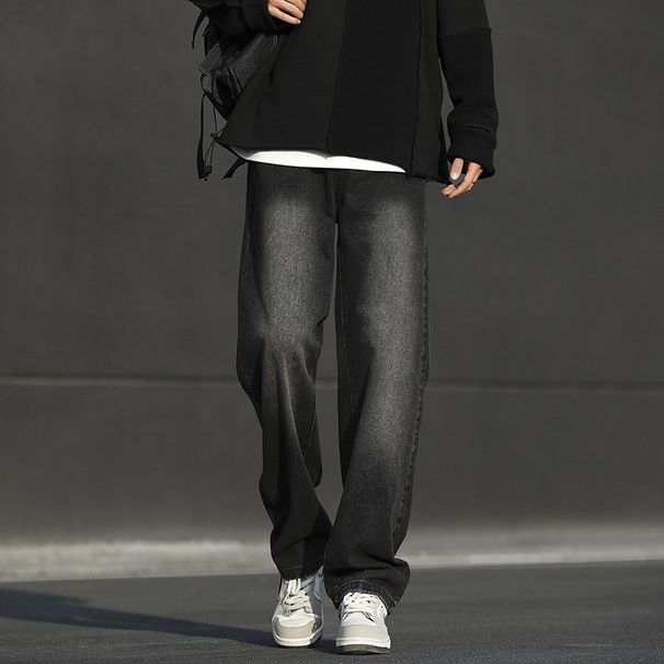Men's Distressed Straight-Leg Jeans – Korean Streetwear Style, Relaxed Fit, Vintage Wash, Wide-Leg Casual Denim Pants (Fall, Urban Fashion)_mkmklike.com