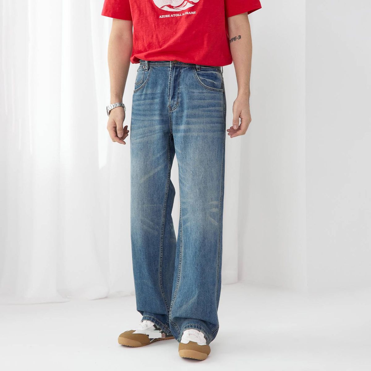 Men's Clothing American Style Retro Blue Washed Denim Jeans For Men, Korean Style, Trendy And Fashionable For Teenagers, Straight Leg Long Pants._mkmklike.com