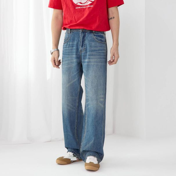 Men's Clothing American Style Retro Blue Washed Denim Jeans For Men, Korean Style, Trendy And Fashionable For Teenagers, Straight Leg Long Pants._mkmklike.com