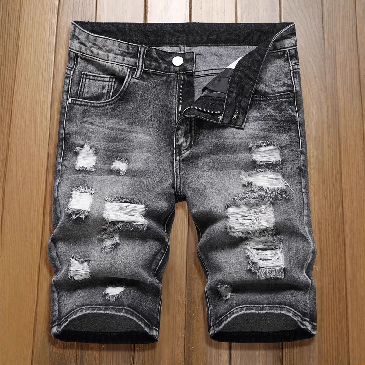 Men's Distressed Black Denim Shorts Vintage Washed Cotton Mid-Length Casual Streetwear with Rip And Fray Details_mkmklike.com