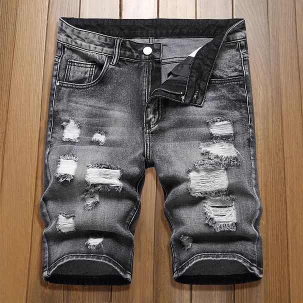 Men's Distressed Black Denim Shorts Vintage Washed Cotton Mid-Length Casual Streetwear with Rip And Fray Details_mkmklike.com