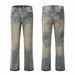 Men's Clothing High Street Vibe Distressed Yellow Mud Dyed Washed Jeans Men's Trend Ins Straight Flared Cleanfit Pants_mkmklike.com