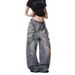 American High Street 3D Digital Print Jeans For Men And Women With Chain, Distressed Mud Dye, Ink Splash, Loose Straight_mkmklike.com