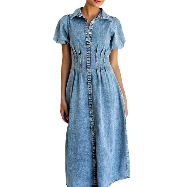 Women's Clothing Puff Sleeves Short Sleeves Distressed Casual Style Shirt Denim Long Dress_mkmklike.com