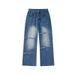 Vintage Washed Blue Relaxed Fit Straight Leg Jeans For Men – High Street Casual Streetwear With Distressed Details_mkmklike.com