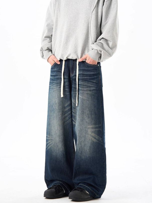 Men's Vintage Straight-Fit Jeans – Stretch Waist, Classic Washed Denim, Relaxed Comfort For Casual & Streetwear_mkmklike.com