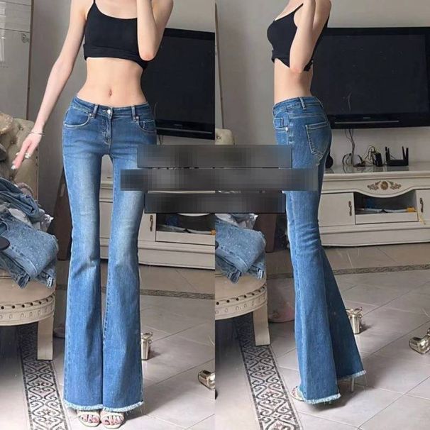 Retro Flared Jeans For Women With Hip Padding - Low Rise Stretch Denim With Frayed Hem - Vintage High Waist Bell Bottom Pants_mkmklike.com