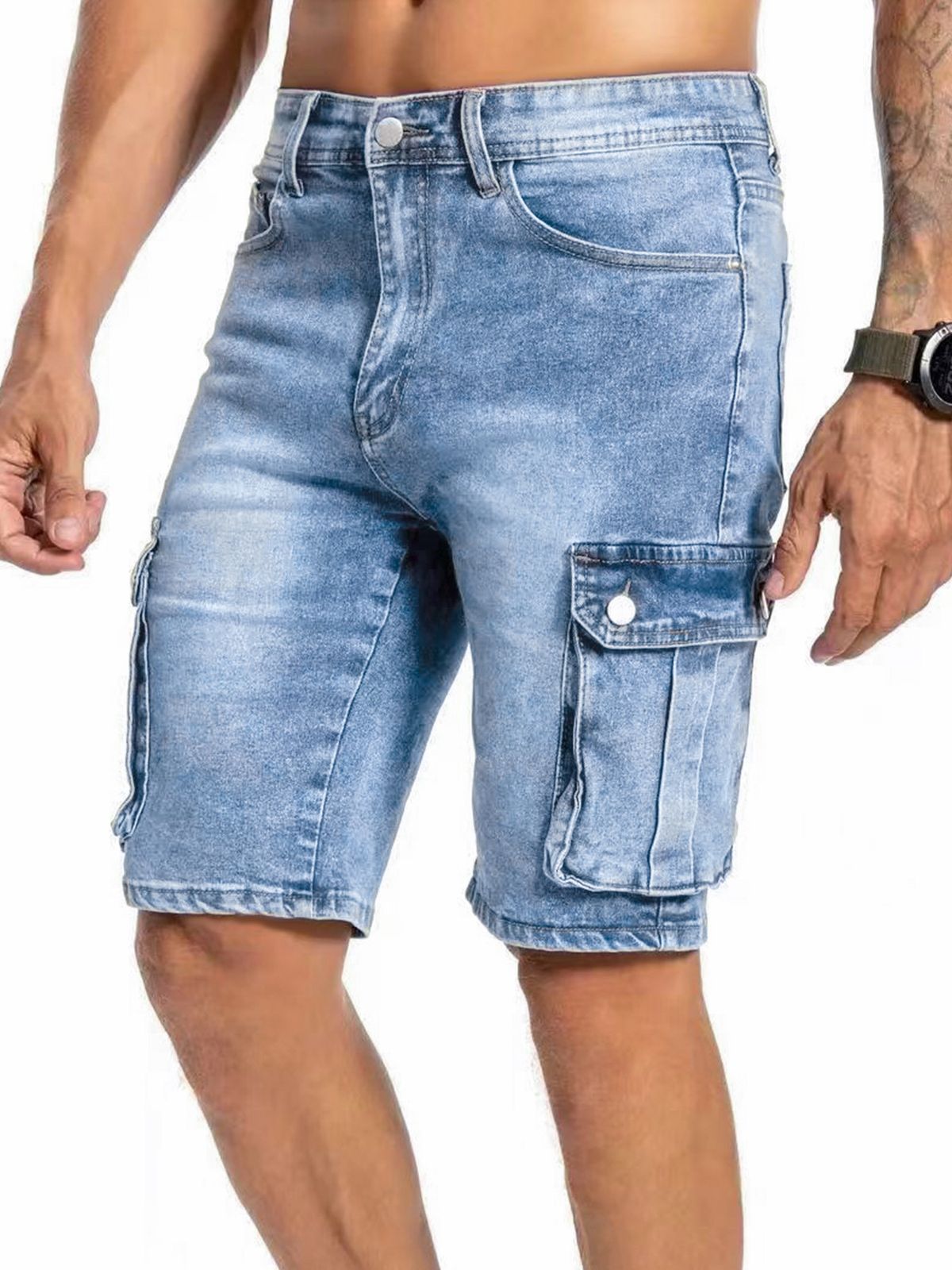Men's Clothing American Style Multi-Pocket Denim Shorts Mid Waist Black Blue Slightly Elastic 5-Point Workwear Casual Shorts_mkmklike.com
