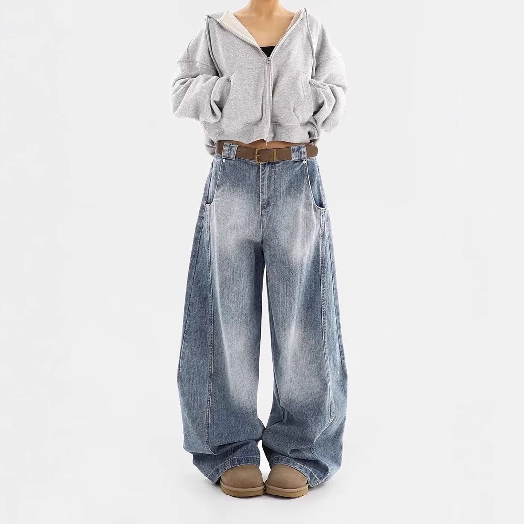 Women's Vintage Washed Distressed Jeans – Relaxed Straight Leg Wide Fit, 90s Retro Style, Mid-Rise Comfort (S-3xl, Classic Blue, Unisex Appeal)_mkmklike.com