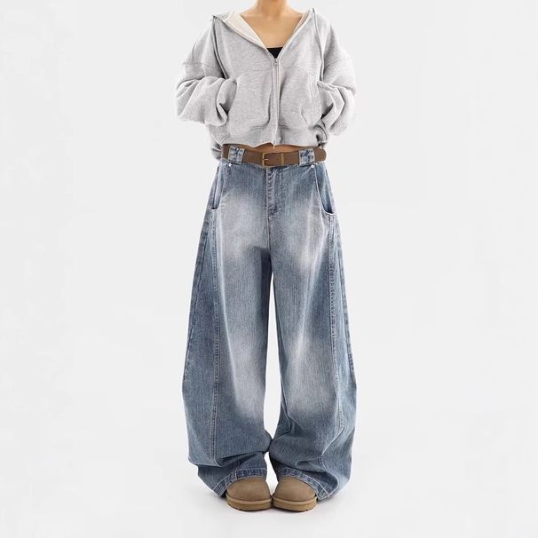 Women's Vintage Washed Distressed Jeans – Relaxed Straight Leg Wide Fit, 90s Retro Style, Mid-Rise Comfort (S-3xl, Classic Blue, Unisex Appeal)_mkmklike.com