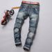 Men's Ripped Jeans Straight Leg Scratched Patch Trousers Men's European Style Trendy Trousers Foreign Trade High Quality Washed Men's Trousers_mkmklike.com