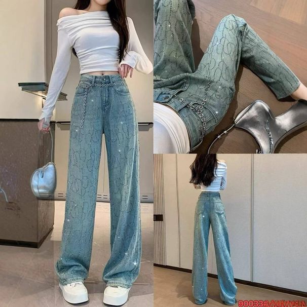 Women's Clothing High Waist Straight Leg Jeans Rhinestone Embellishments Skinny Fit Wide Leg Denim Pants Sparkly Stretch Comfort Casual Party Wear_mkmklike.com