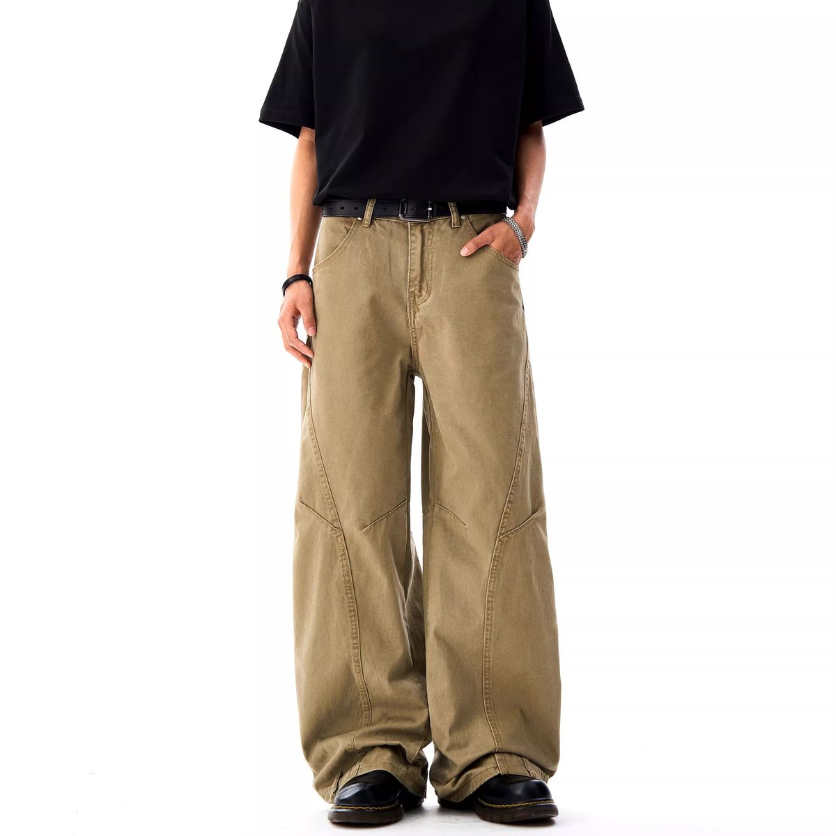 Men's Clothing Retro Deconstructed Reversible Casual Cargo Pants For Men – American Cleanfit Wide-Leg Oversized Denim Trousers In Khaki_mkmklike.com