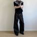 Unisex American Style Trendy Retro Raw Denim Patchwork Jeans Straight Leg Loose Fitting Wide Leg Black Trousers_mkmklike.com