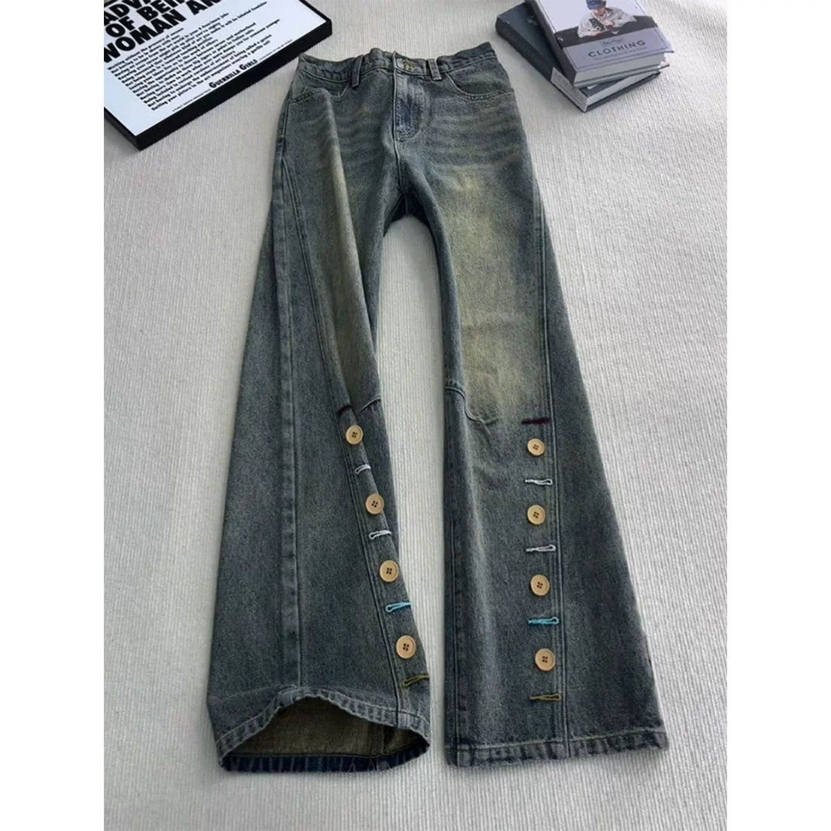 Men's Clothing Men's Retro Blue Slanted Hem Button Jeans High Street Vibe Straight Slim Fit Slightly Flared Curved Trousers Youth_mkmklike.com