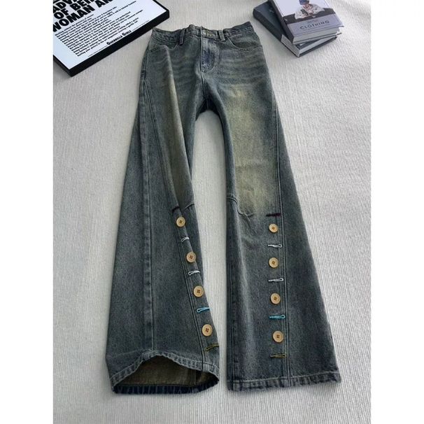 Men's Clothing Men's Retro Blue Slanted Hem Button Jeans High Street Vibe Straight Slim Fit Slightly Flared Curved Trousers Youth_mkmklike.com