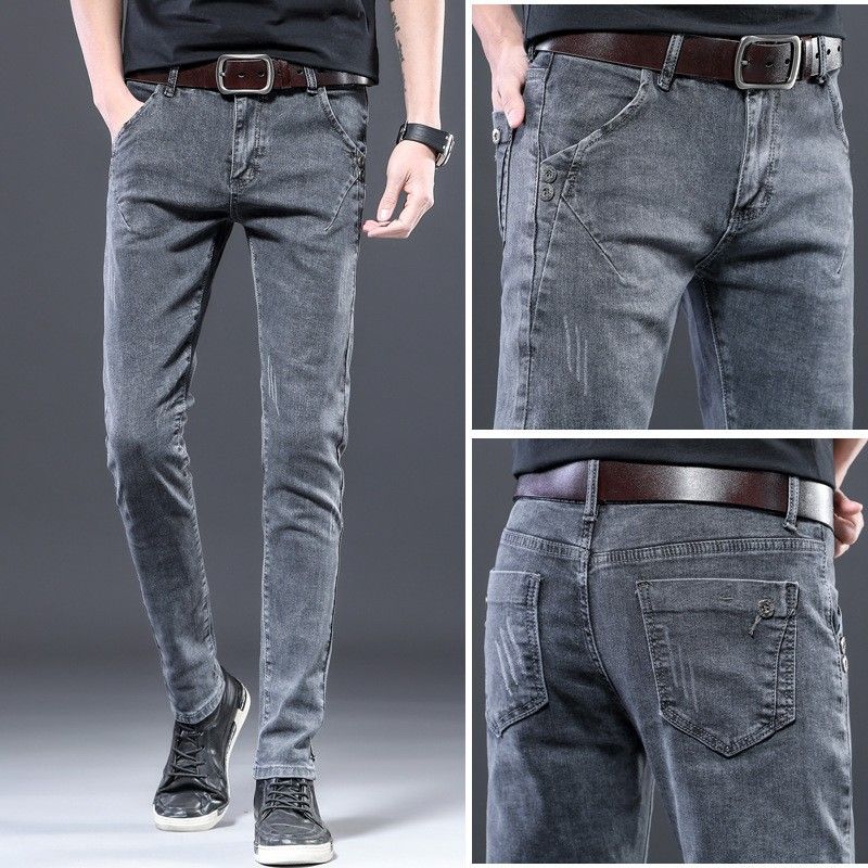 Spring/Summer Jeans For Boys, Slim Fit Small Foot Grey Long Korean Style Youth Stretch Casual Pants, Trendy_mkmklike.com