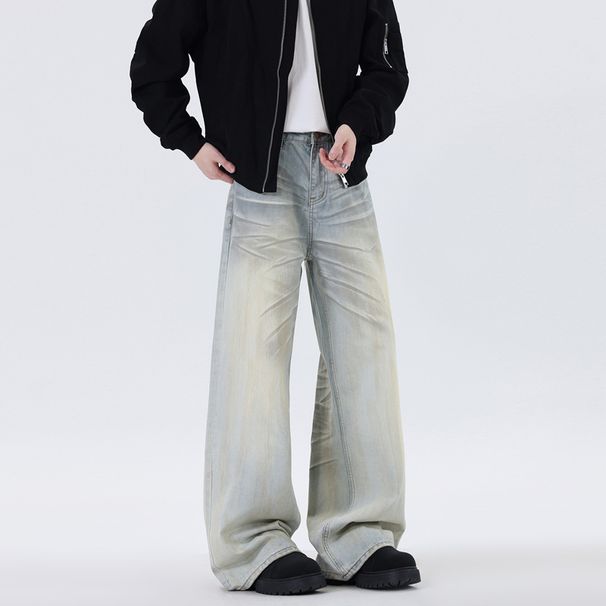 Vintage Washed Distressed Jeans For Men – Relaxed Straight Leg, Oversized High-Street Style, Long & Dragging Hem For Spring & Fall_mkmklike.com