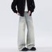 Vintage Washed Distressed Jeans For Men – Relaxed Straight Leg, Oversized High-Street Style, Long & Dragging Hem For Spring & Fall_mkmklike.com