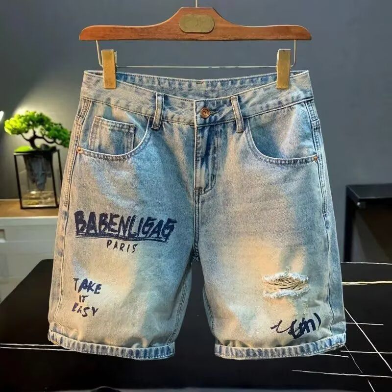 New Men's Trendy Ripped Printed Jeans Shorts mid Length Washed Korean Style High End Five Point Pants 2026_mkmklike.com