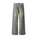 Punk Distressed Vintage Flared Jeans For Men, Vibe Trendy Design, Washed Wave Pattern Loose Wide-Leg Pants_mkmklike.com