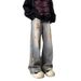 High Vibe American Street Washed Embroidered Hand-Painted Dyed Jeans Men's Wasteland Style Micro Flared Pants_mkmklike.com
