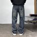 Men's Distressed Cross-Embroidery Jeans – Vintage American Style, Loose Straight-Leg Denim With Splatter Paint & Ripped Details_mkmklike.com