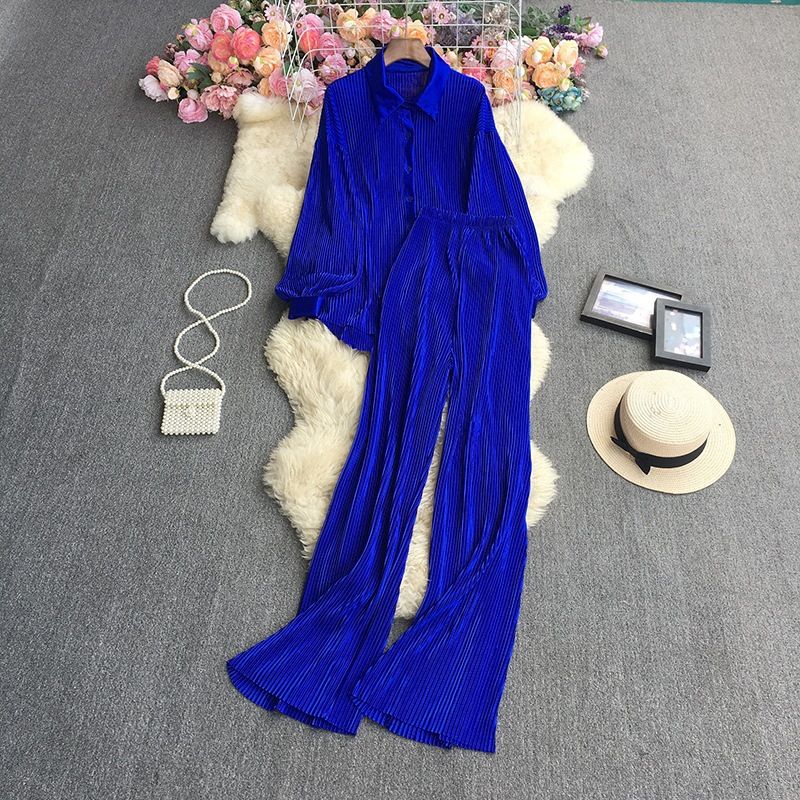 Women's Fashion Clean Color Shirt Two-piece Set Of High Waist Vertical Vertical Wide Leg Pants_mkmklike.com
