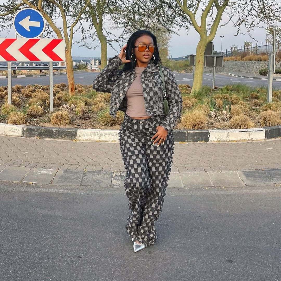 Women's Clothing Casual Jacquard Plaid Washed Denim Suit Women's Casual Jacquard Checkered Washed Denim Outfit Set Winter Wear Grey S-XXL_mkmklike.com