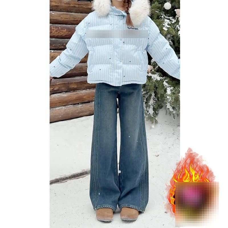 Vintage Blue Flannel-Lined Jeans For Women – High-Waisted Straight-Leg Wide Pants For Plus Size & Pear Shape (S-XXL, Retro Wash)_mkmklike.com