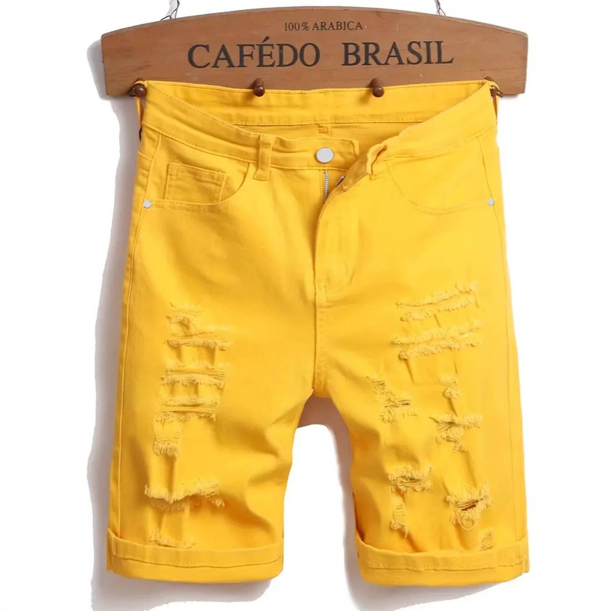 Men's Distressed Denim Shorts Yellow Stretch Mid-Length Straight Leg Casual Pants Stylish Design_mkmklike.com