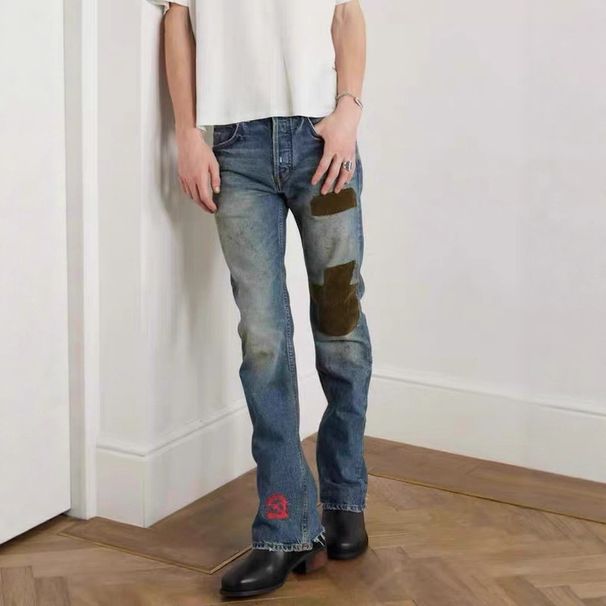Men's Clothing Men's Melancholy Rich Second Generation Distressed Corduroy Jeans Appliqué Splatter Embroidery Washed Party Pants Trendy_mkmklike.com