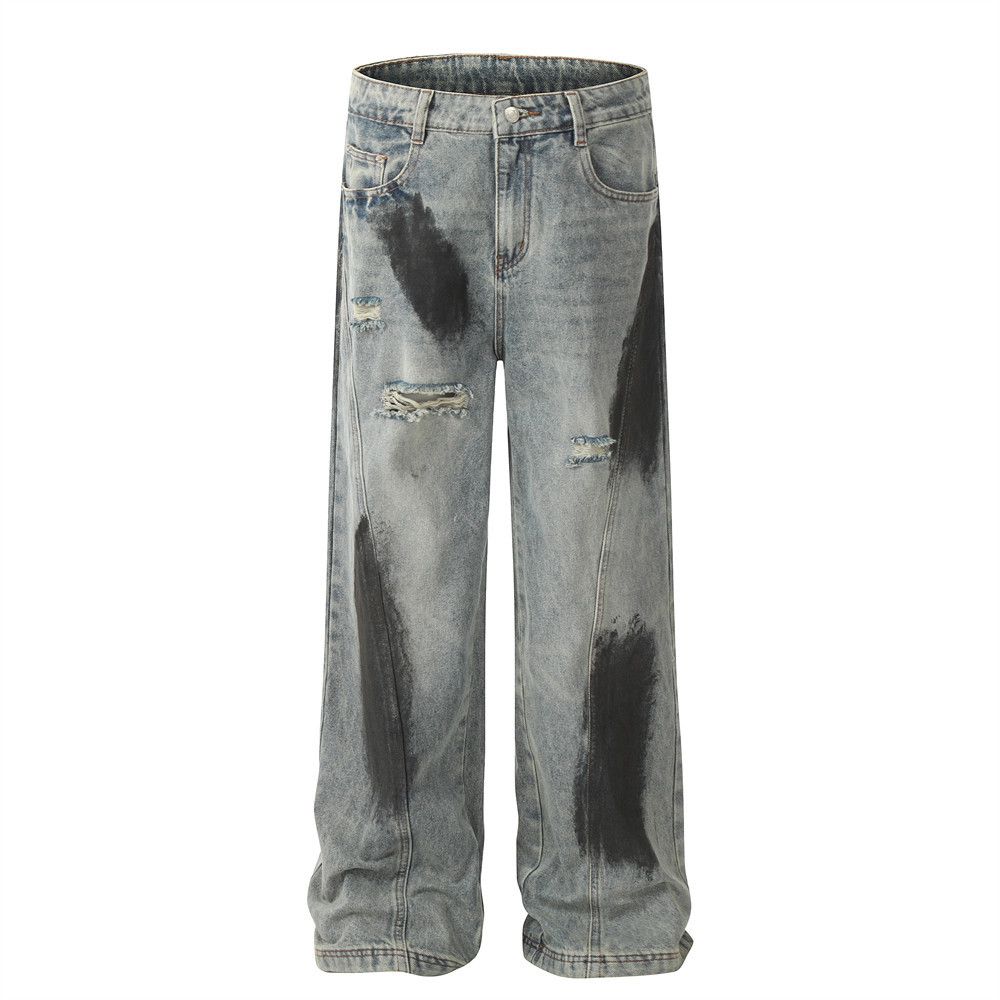 Men's Clothing Punk Wasteland Ink Splash Hole Straight Jeans High Street Trend Niche Spray Painting Old Dirty Wide Leg Trousers Men_mkmklike.com
