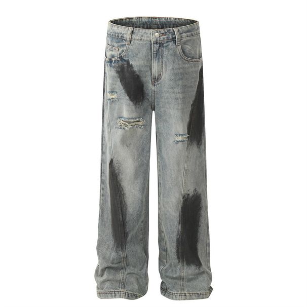 Men's Clothing Punk Wasteland Ink Splash Hole Straight Jeans High Street Trend Niche Spray Painting Old Dirty Wide Leg Trousers Men_mkmklike.com