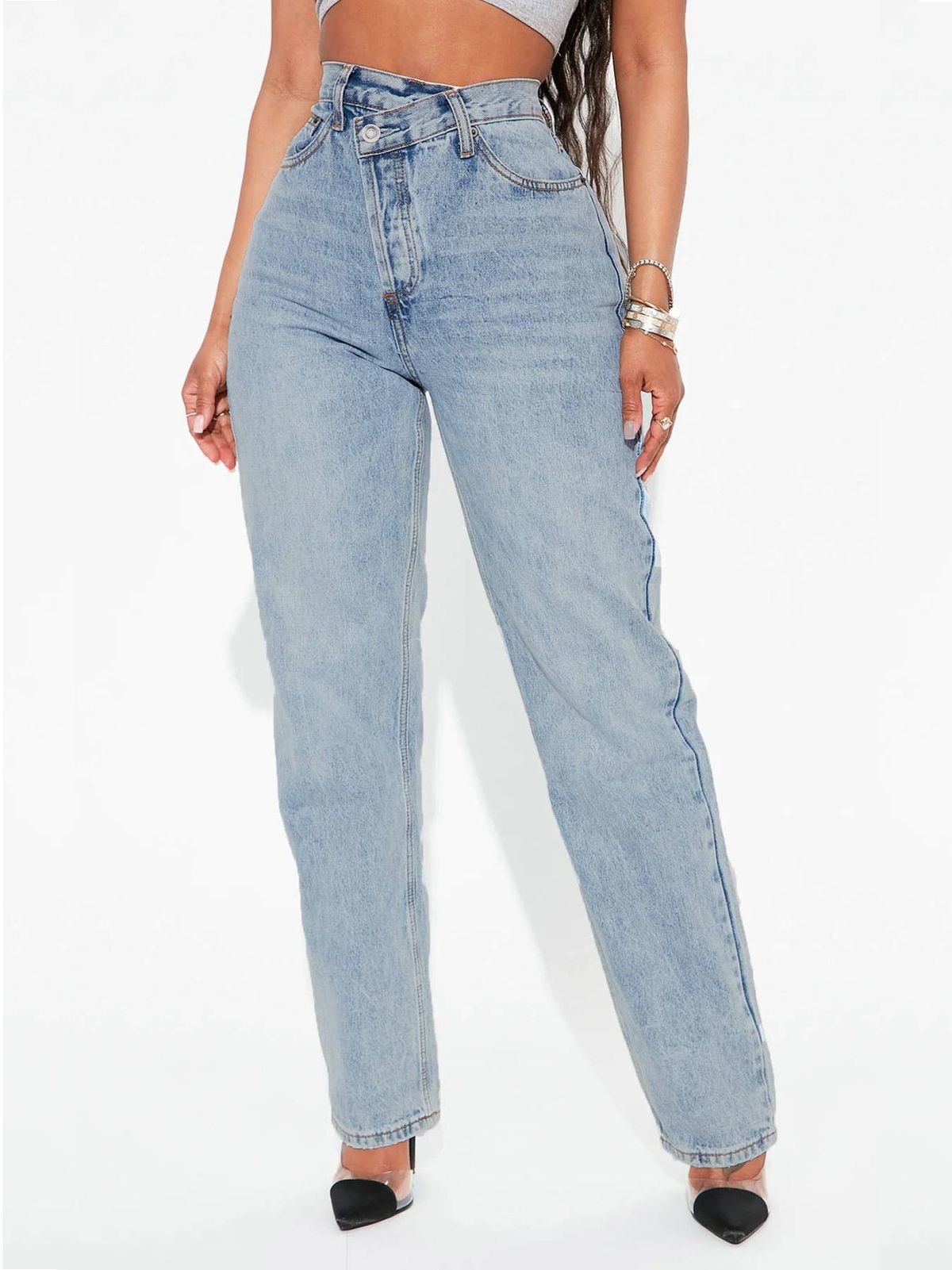 Women's Clothing Oblique Waist Retro Heavy Washing Straight Denim Trousers_mkmklike.com