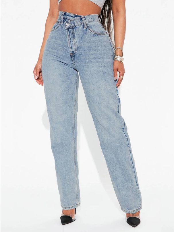 Women's Clothing Oblique Waist Retro Heavy Washing Straight Denim Trousers_mkmklike.com