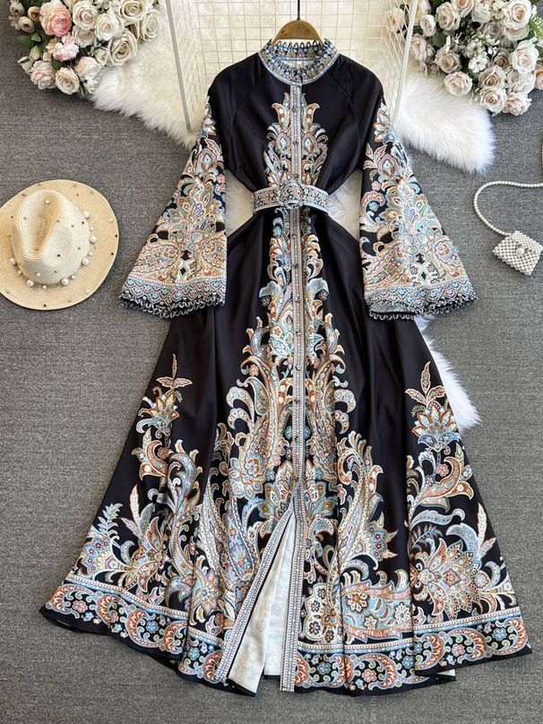 Women's clothing Palace Style Trumpet Long Sleeve Stand Collar Waist Slim Single Breasted A-line Positioning Print Dress Dress For Women_mkmklike.com