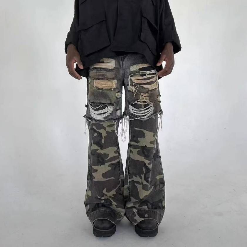 Men's Clothing Streetwear Camouflage Patchwork Jeans Men's Hip Hop Baggy Straight Leg Casual Pants Patchwork Jeans Men's Hip Hop Baggy Straight Leg_mkmklike.com