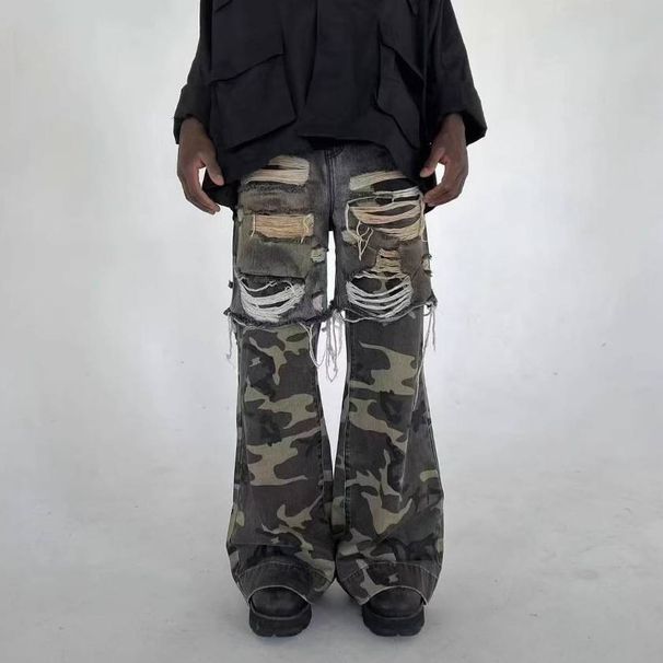Men's Clothing Streetwear Camouflage Patchwork Jeans Men's Hip Hop Baggy Straight Leg Casual Pants Patchwork Jeans Men's Hip Hop Baggy Straight Leg_mkmklike.com
