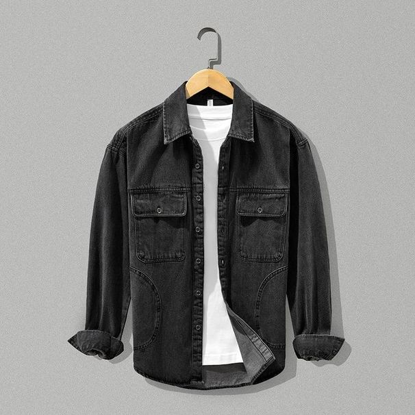"Men's Oversized Denim Shirt Jacket -Inspired Distressed Wash, Thickened Cotton Blend, Relaxed Fit For Streetwear & Layering"_mkmklike.com