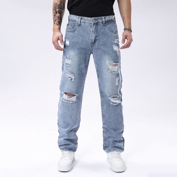 Men's Distressed Straight-Leg Jeans – Light Blue Washed Denim Pants With Ripped Details (30-40, Non-Stretch, Mid-Rise)_mkmklike.com