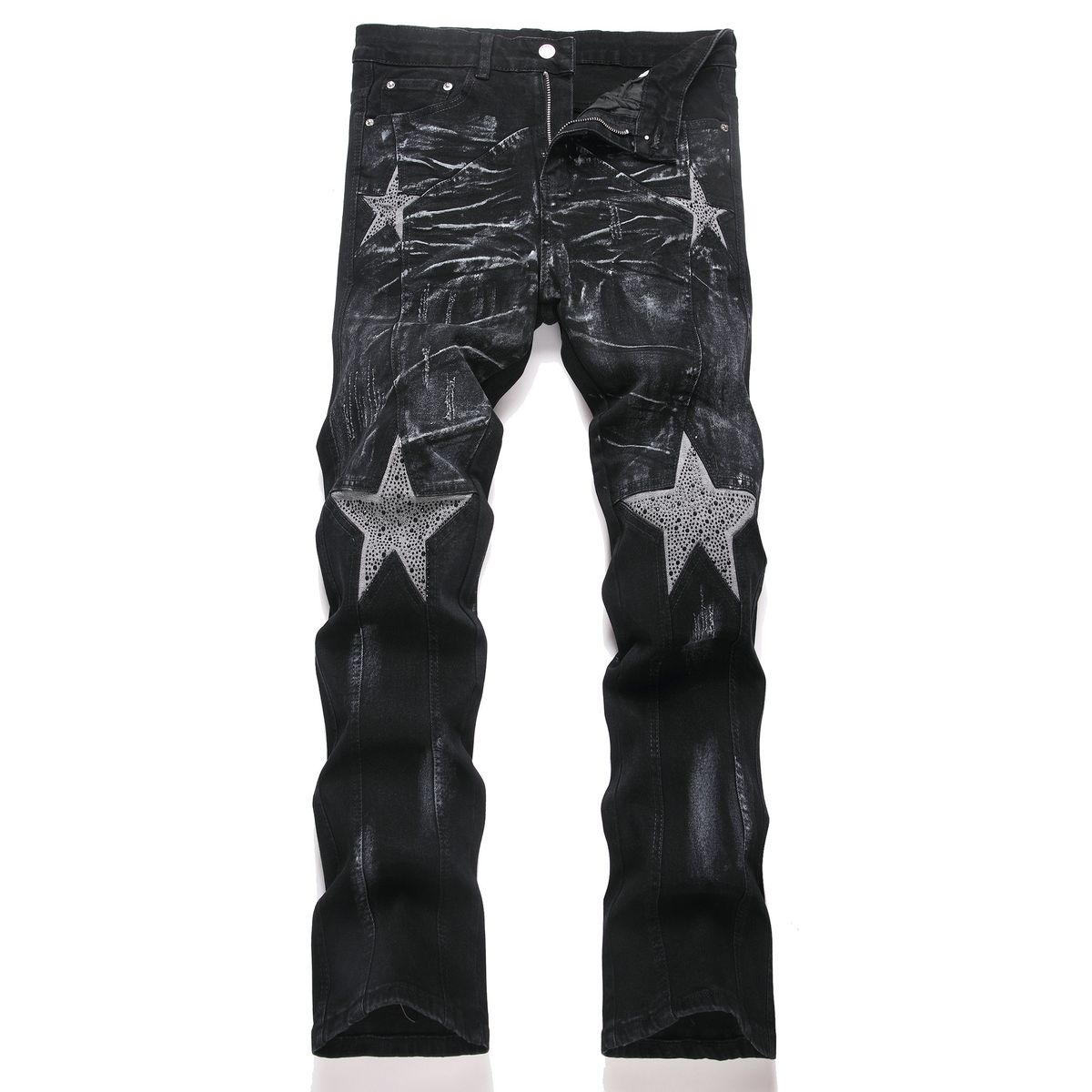 Men's Trendy Stretch Slim Fit Jeans Black Rhinestone Flared Patchwork Youth Style Nicholas Tse 3972_mkmklike.com