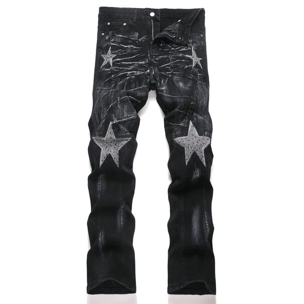 Men's Trendy Stretch Slim Fit Jeans Black Rhinestone Flared Patchwork Youth Style Nicholas Tse 3972_mkmklike.com
