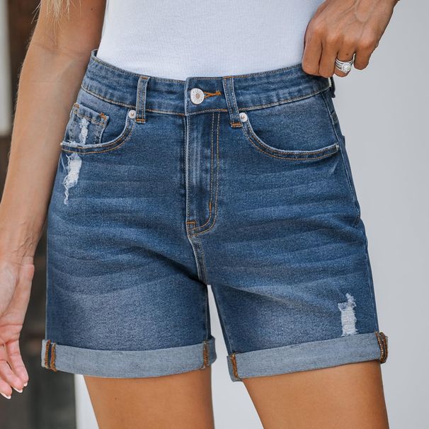 Women's Clothing Summer New Straight Slim Fit Worn Hem Denim Shorts_mkmklike.com